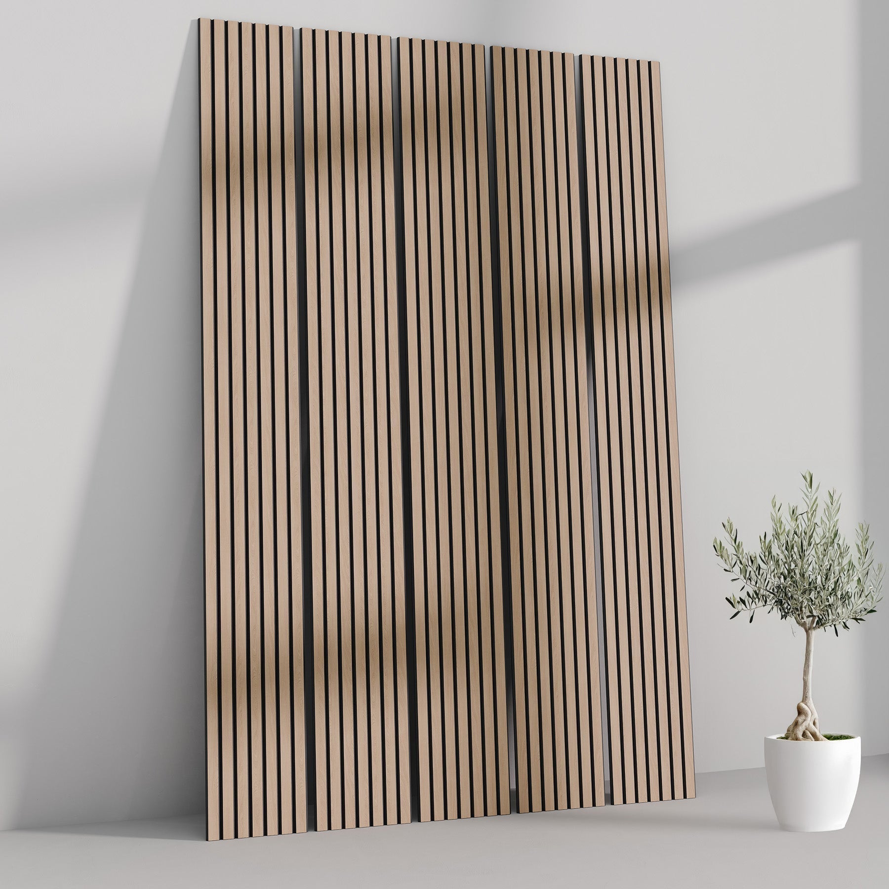 118" Tall ULTRALIGHT Flexible Lightweight White Oak Acoustic Wood Slat Wall Panels with Black Felt Backing