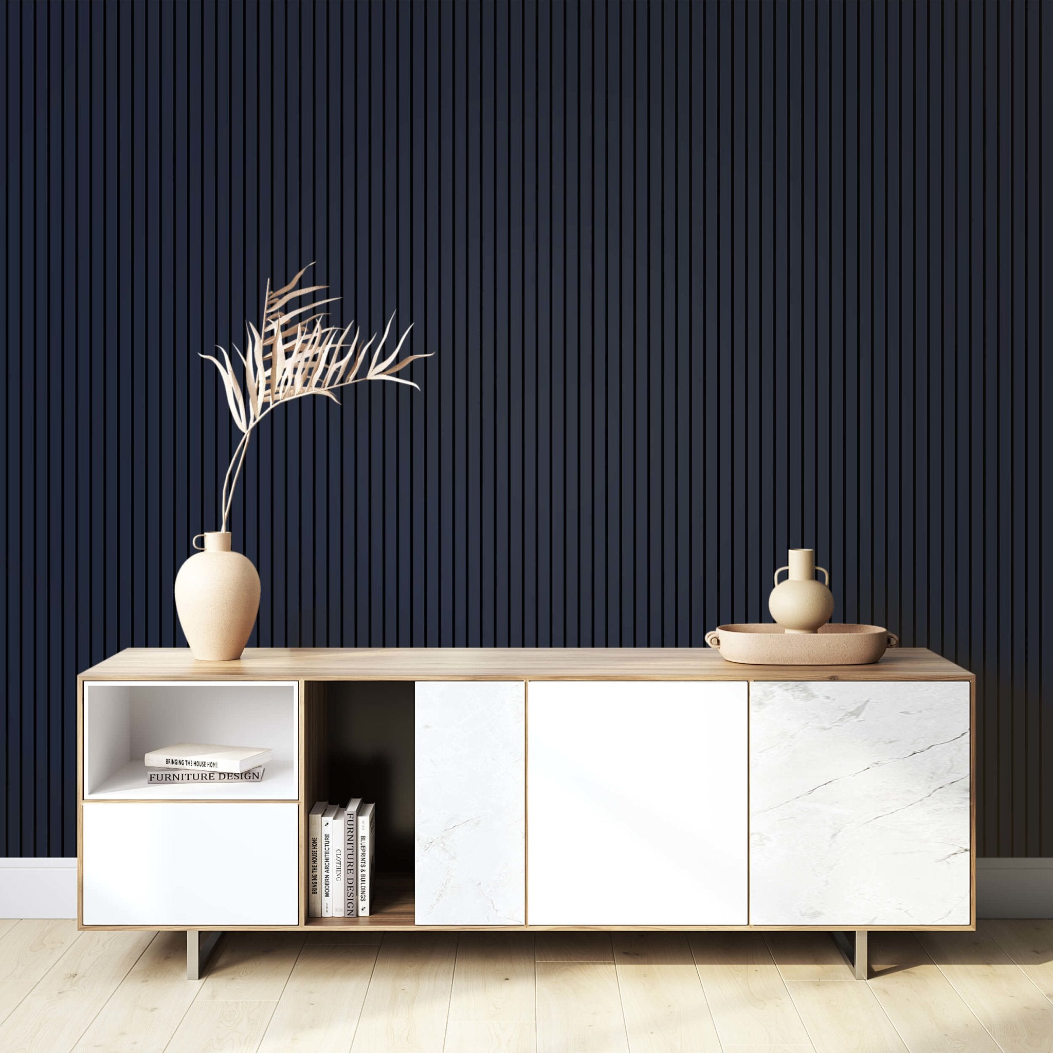 Deep Indigo Wall Slat Acoustic Panel with Black Felt Backing