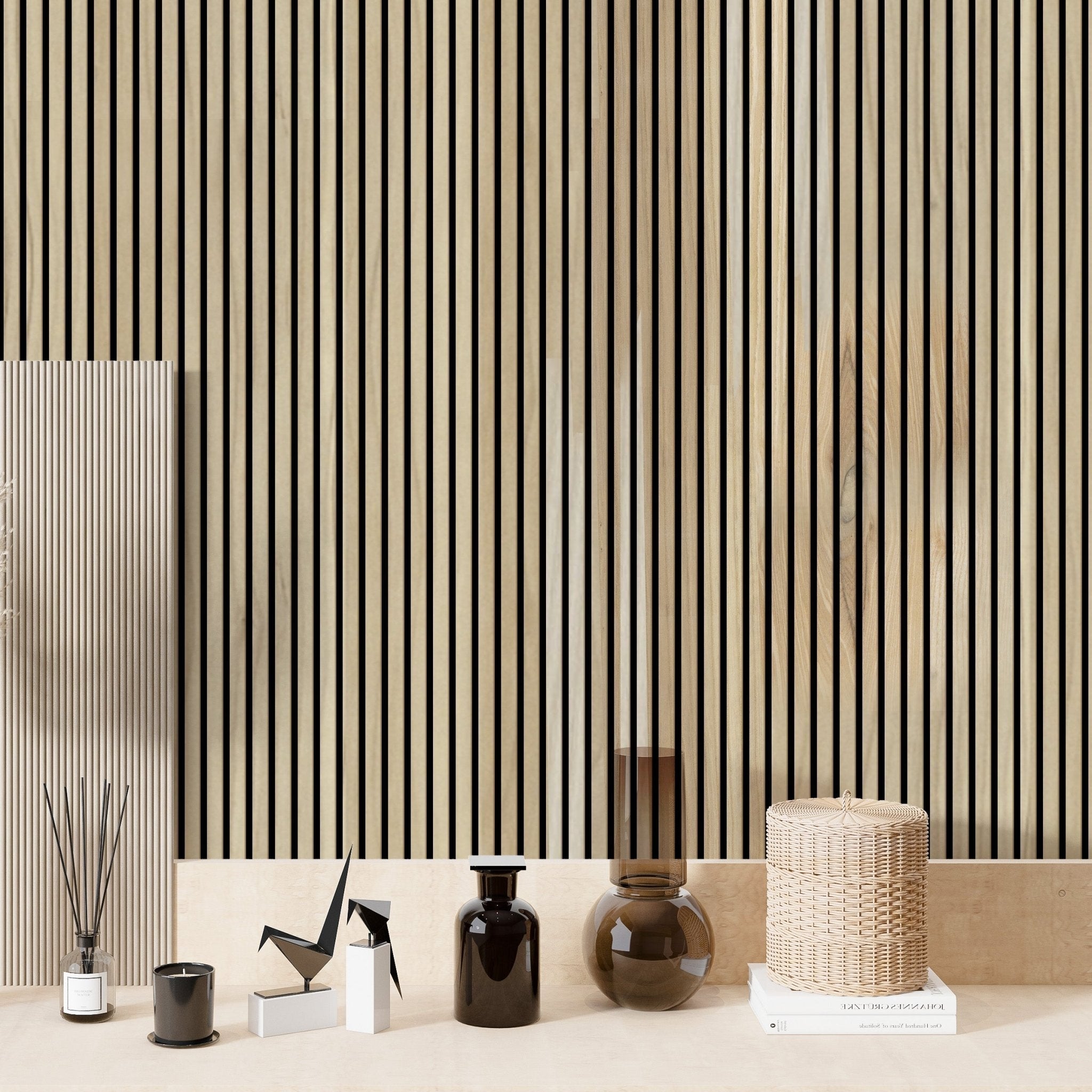 White Ash 100% Solid Acoustic Wood Slat Wall Panels with Black Felt Backing