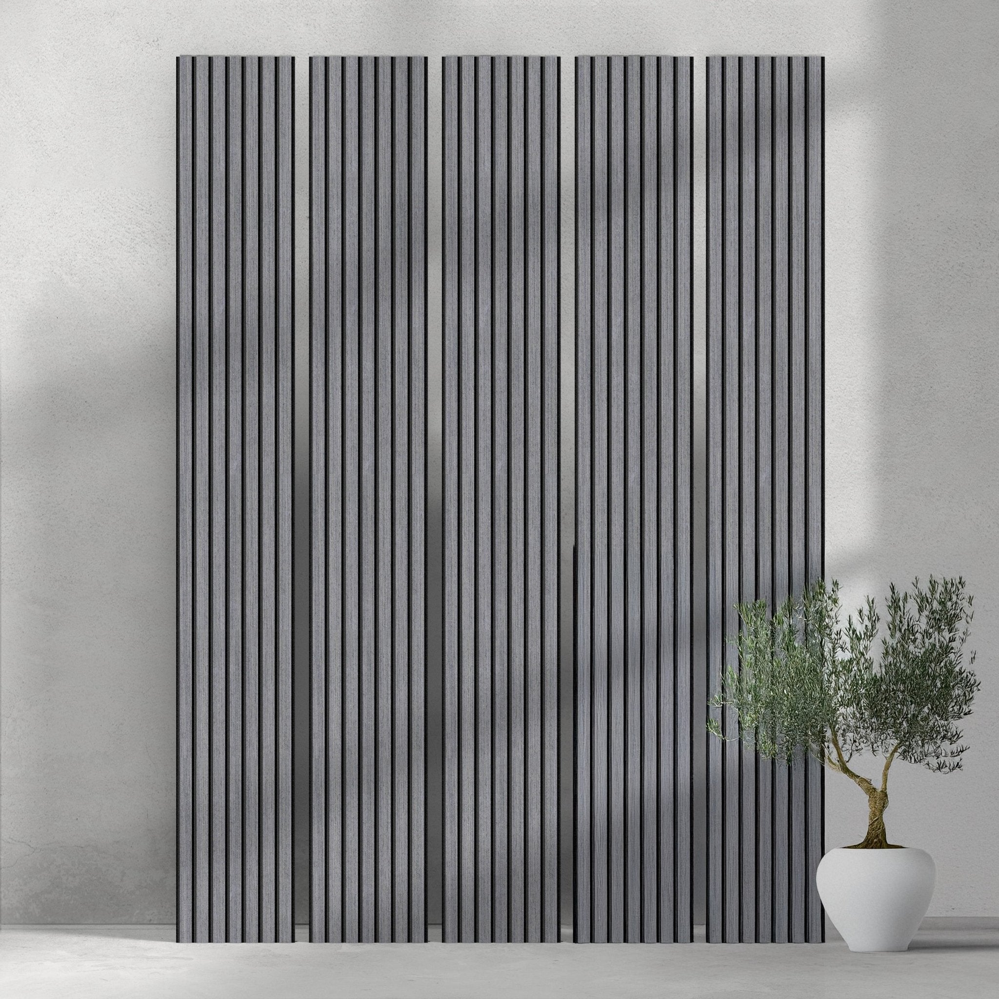 118" Tall ULTRALIGHT Flexible Lightweight Grey Oak Acoustic Wood Slat Wall Panels with Black Felt Backing