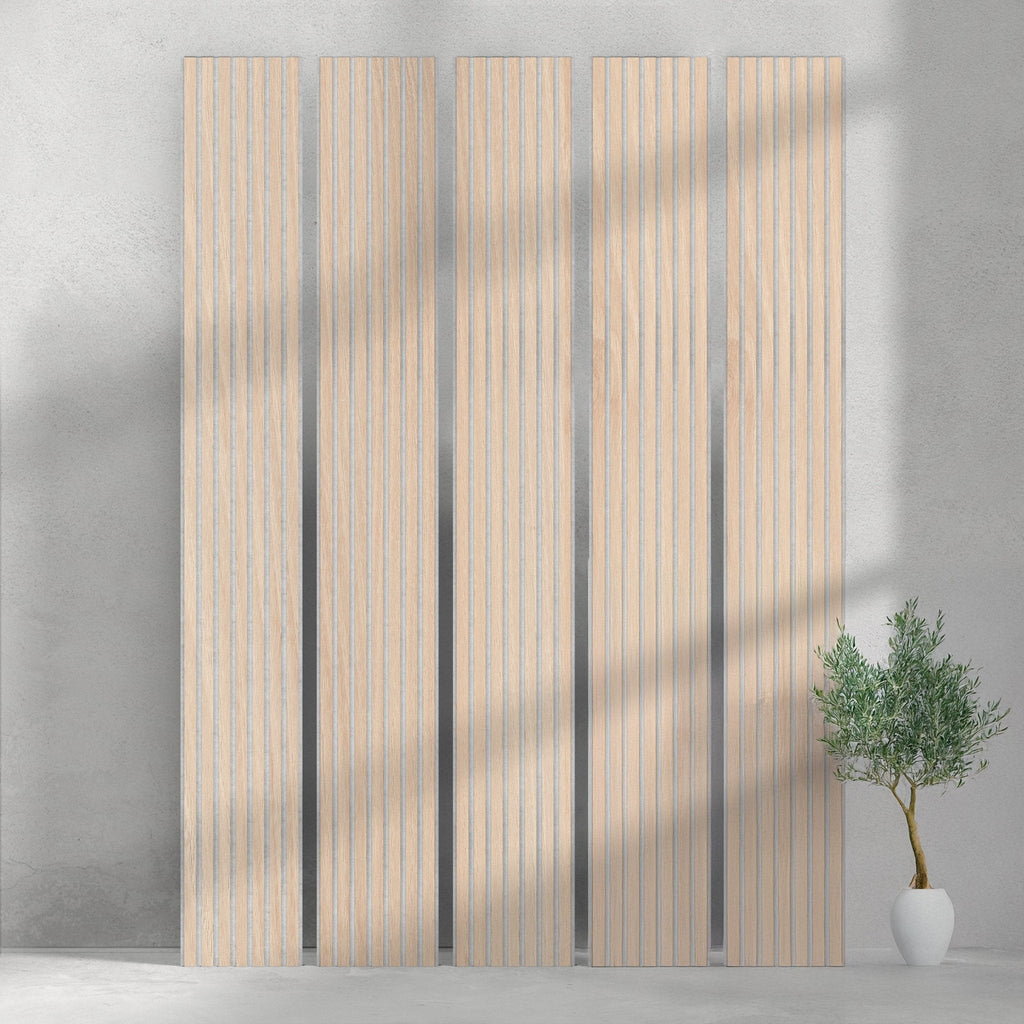 118" Tall ULTRALIGHT Flexible Lightweight White Oak Acoustic Wood Slat Wall Panels with Grey Felt Backing