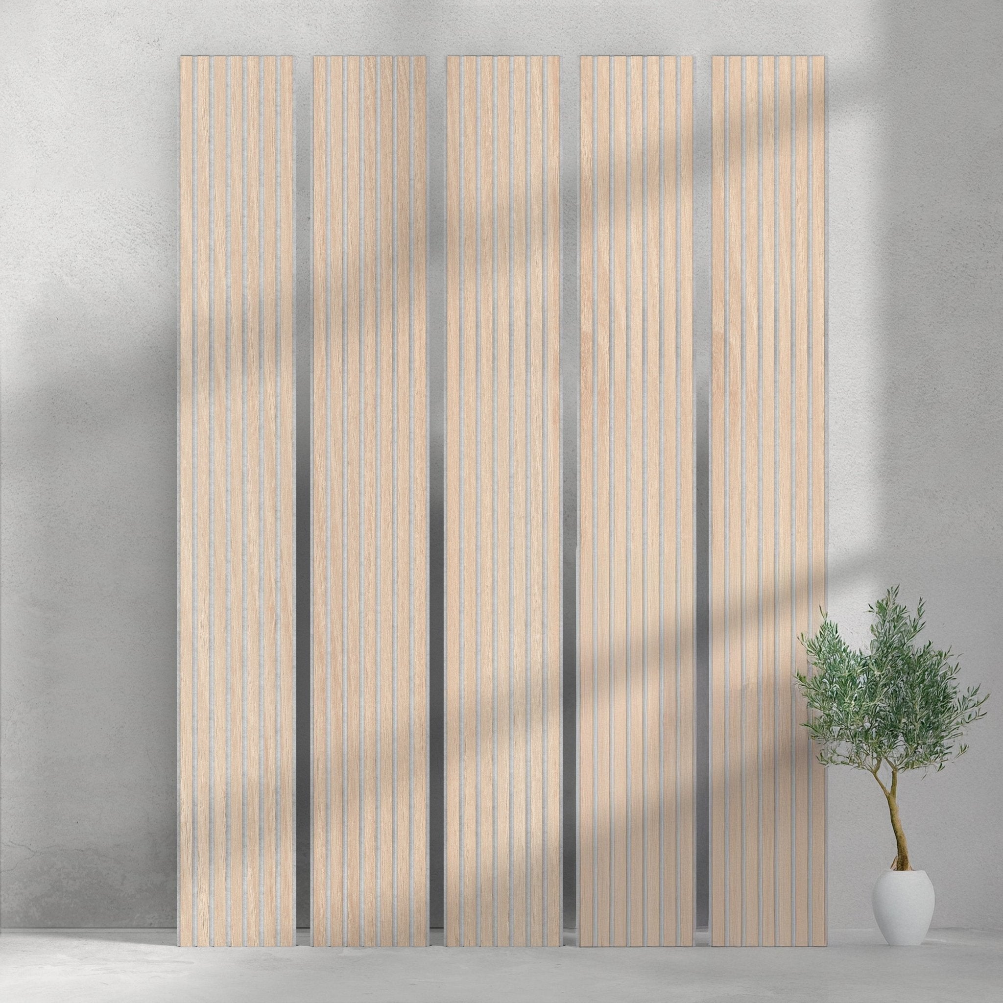 118" Tall ULTRALIGHT Flexible Lightweight White Oak Acoustic Wood Slat Wall Panels with Grey Felt Backing