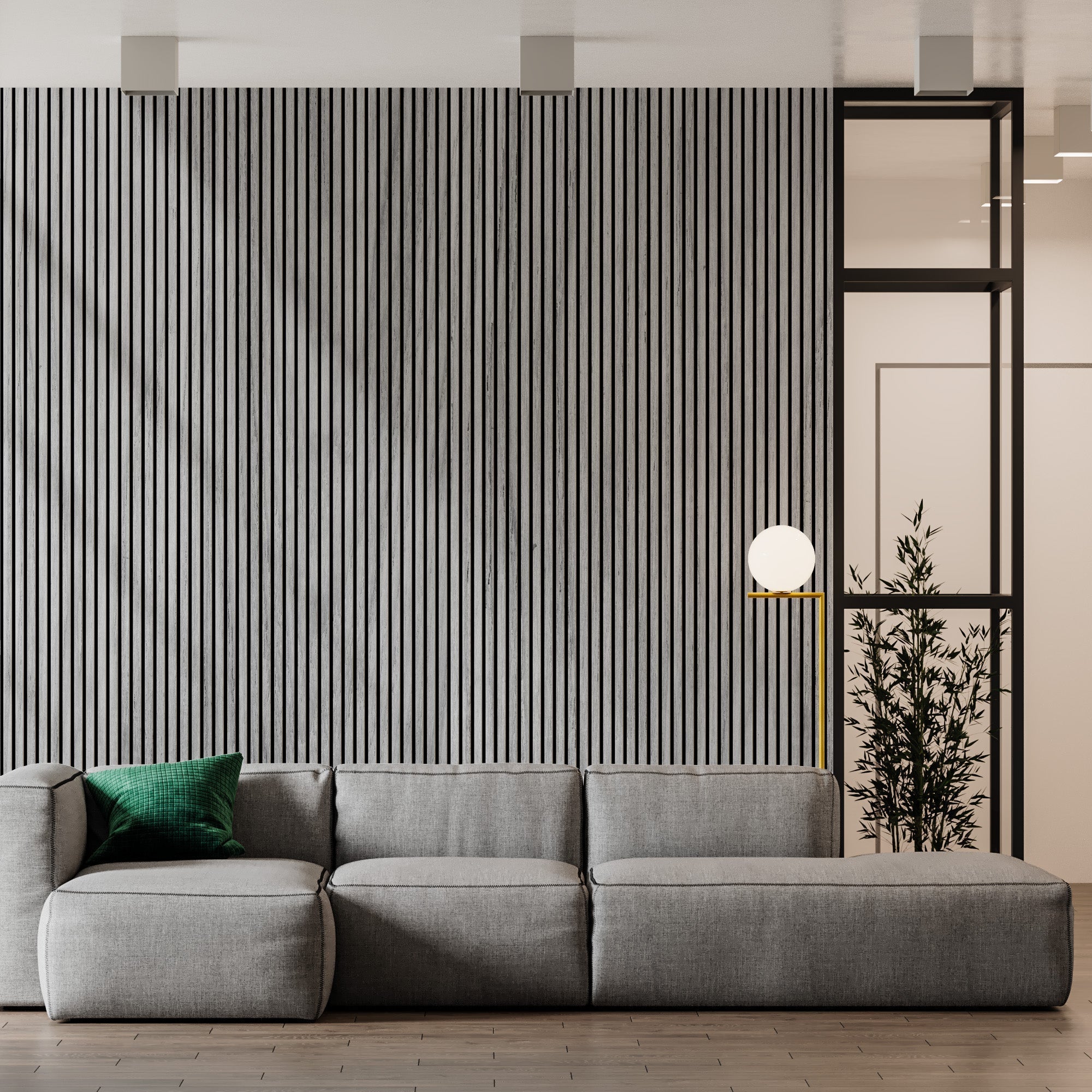 118" Tall ULTRALIGHT Flexible Lightweight Grey Oak Acoustic Wood Slat Wall Panels with Black Felt Backing