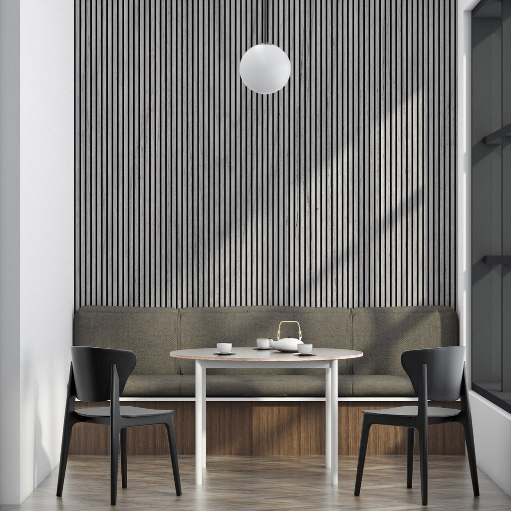 118" Tall ULTRALIGHT Flexible Lightweight Grey Oak Acoustic Wood Slat Wall Panels with Black Felt Backing