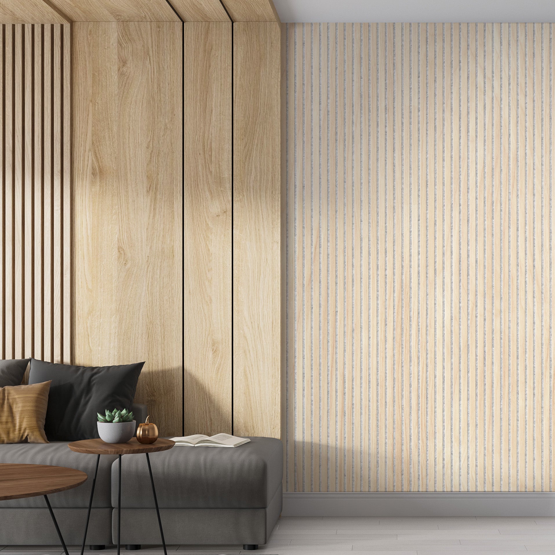 118" Tall ULTRALIGHT Flexible Lightweight White Oak Acoustic Wood Slat Wall Panels with Grey Felt Backing