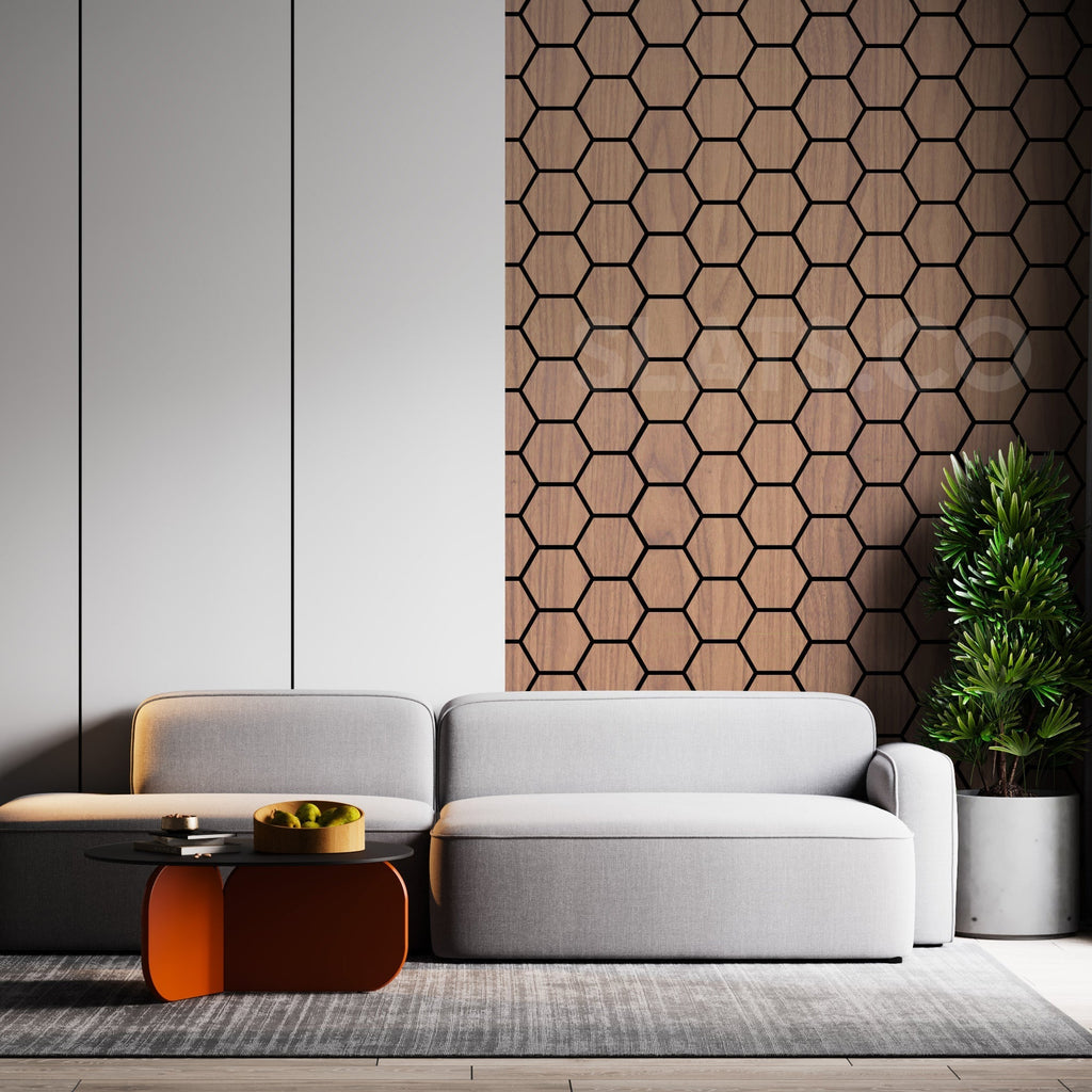 Walnut Acoustic Hexagon Wood Panel with Black Felt Backing