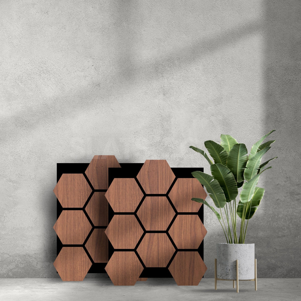 Walnut Acoustic Hexagon Wood Panel with Black Felt Backing