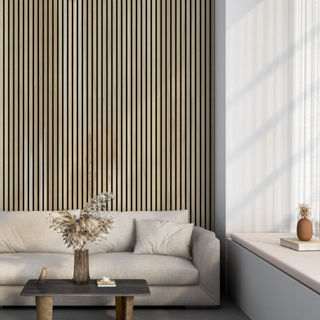 White Ash 100% Solid Acoustic Wood Slat Wall Panels with Black Felt Backing