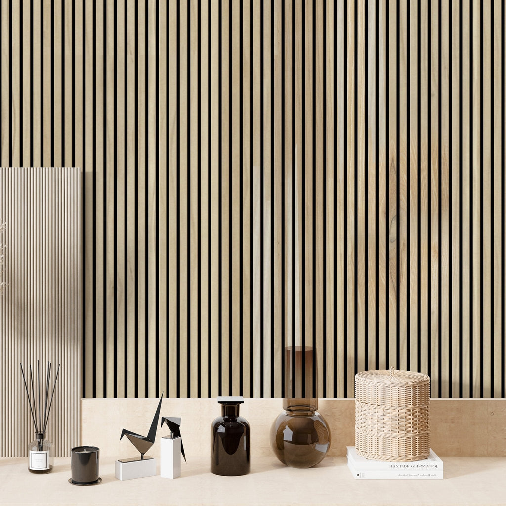 White Ash 100% Solid Acoustic Wood Slat Wall Panels with Black Felt Backing