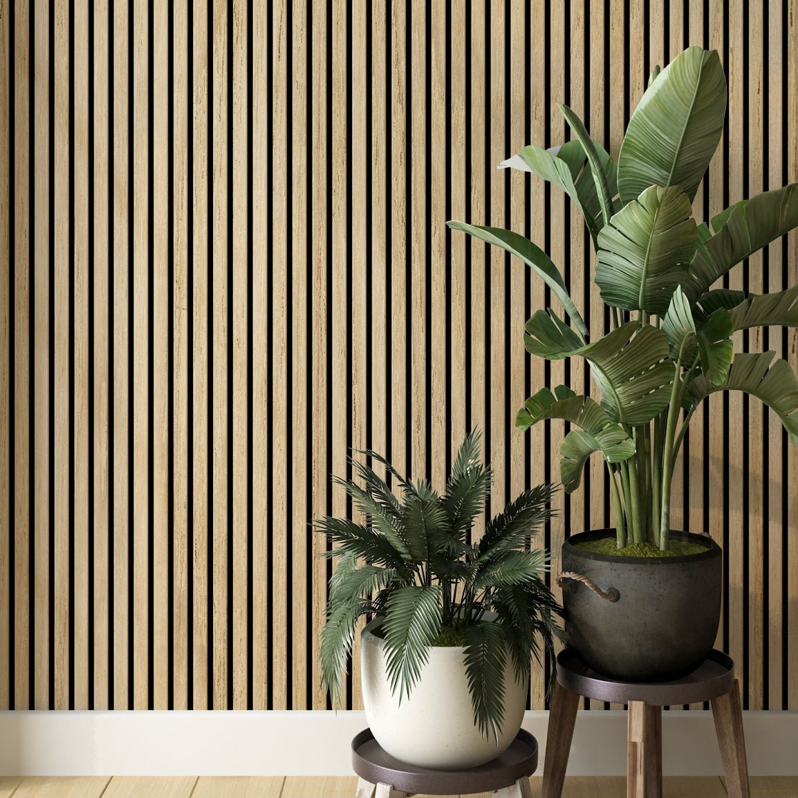 White Oak Acoustic Wood Slat Wall Tiles with Black Felt Backing