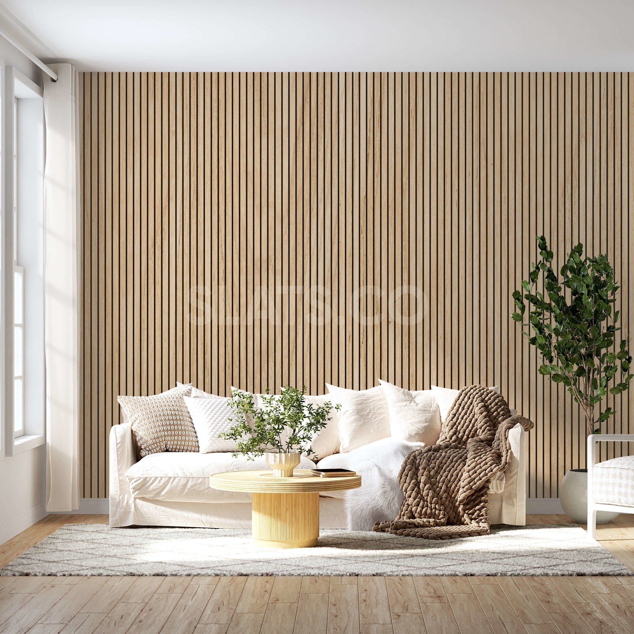 White Oak Acoustic Wood Slat Wall Tiles with Black Felt Backing